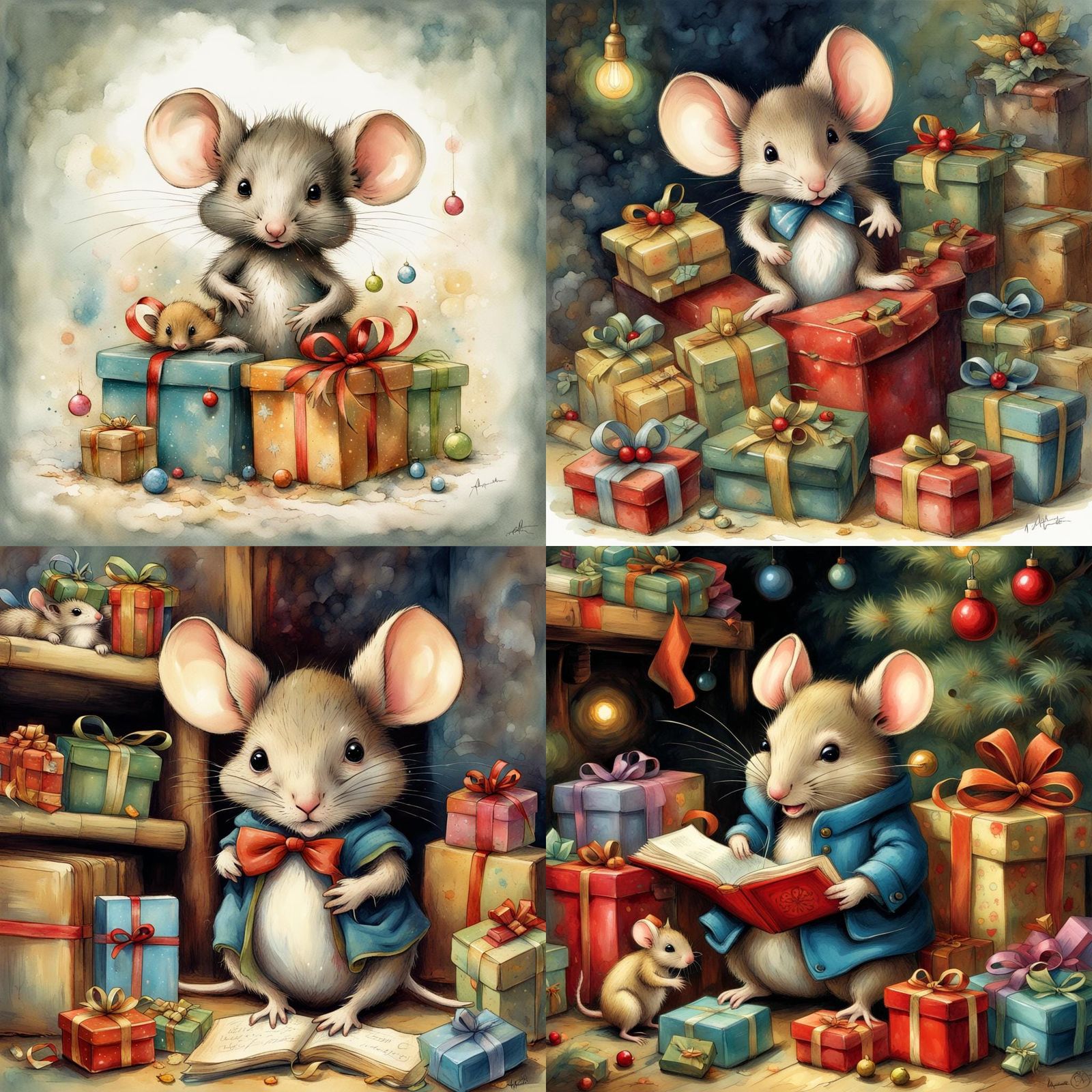 Joyful Mouse Cub Under Christmas Gifts, Children's Book Illu...