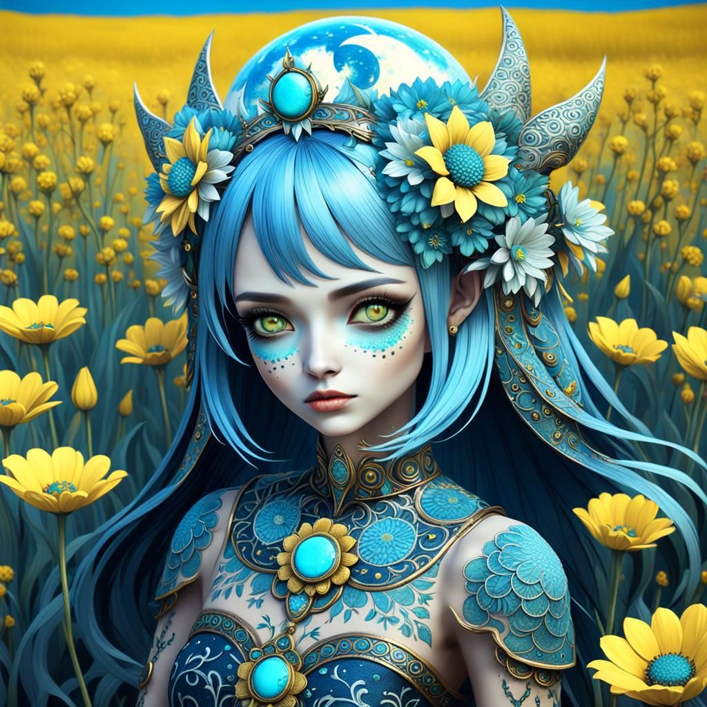 Woman with Moon Crown and Floral Patterns