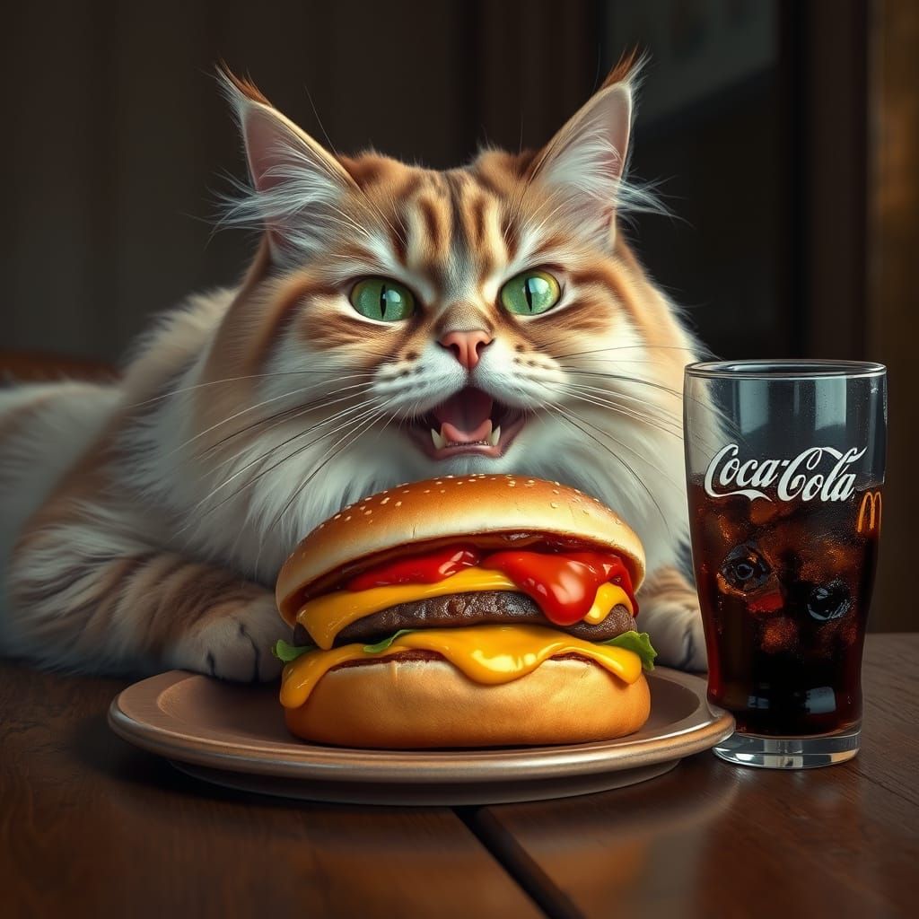 Hyper Realistic Cat Savoring McDonald's and Coke in Warm Lig...