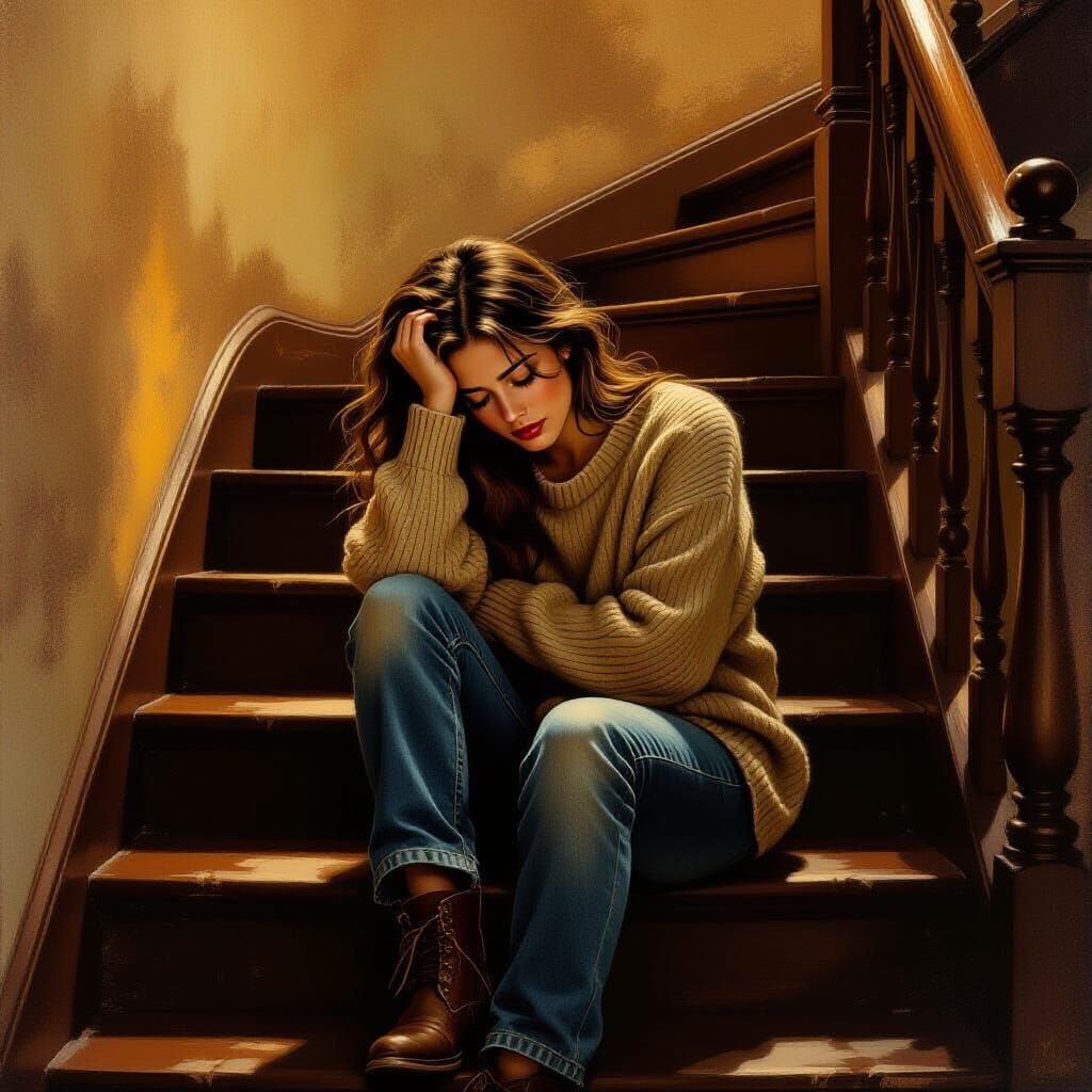 Weary Woman Collapses in Golden Light