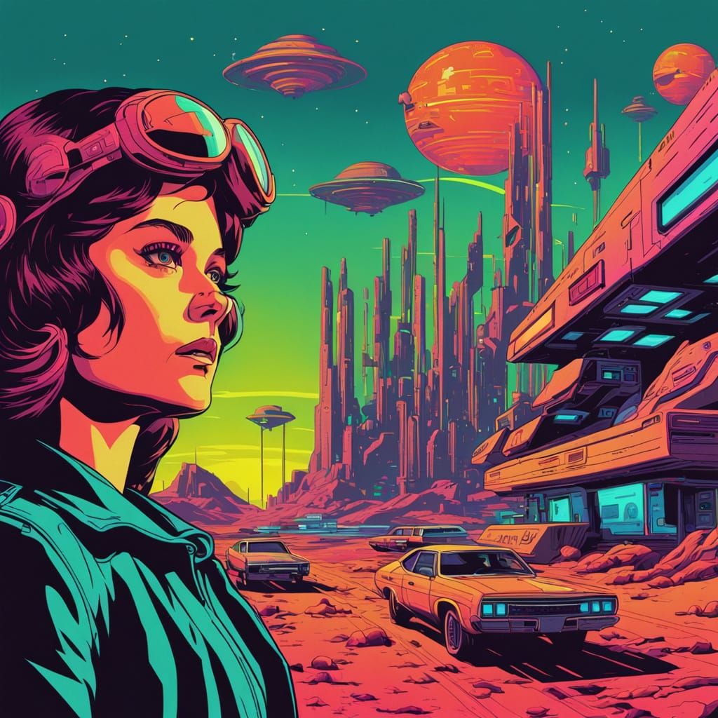 Retrofuturistic Sci-Fi Landscape in Neon Colors