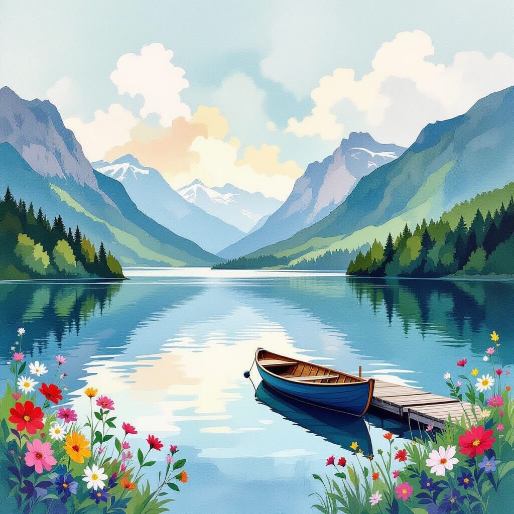 Small, dreamy fishing port on a mountain lake inspired by Ba...