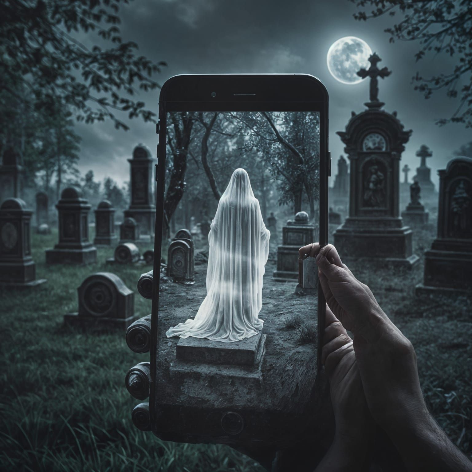 Ethereal Ghost Appears in Cemetery Cellphone