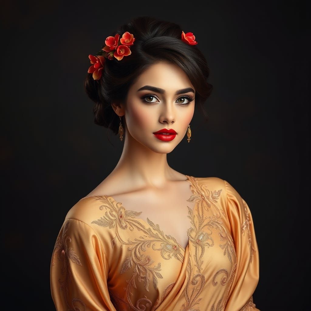 Ethereal High-Fashion Portrait in Gold and Red