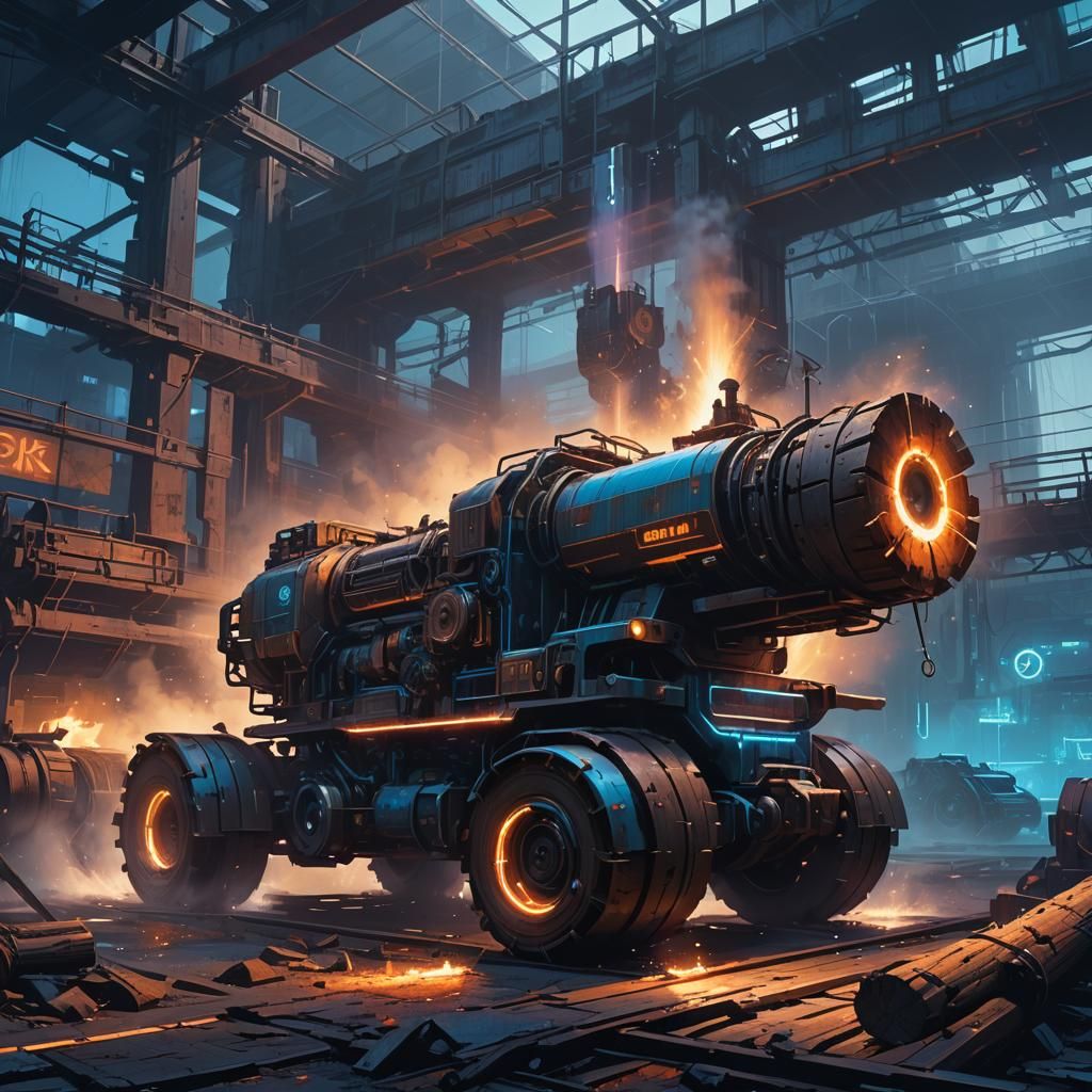 Cyberpunk Sawmill on Wheels in Industrial Yard