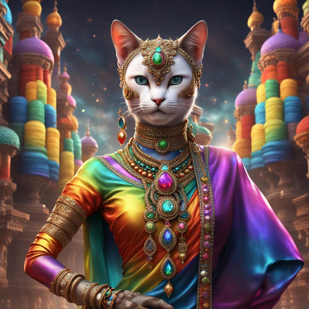 Anthropomorphic Cat Woman in Rainbow Sari
