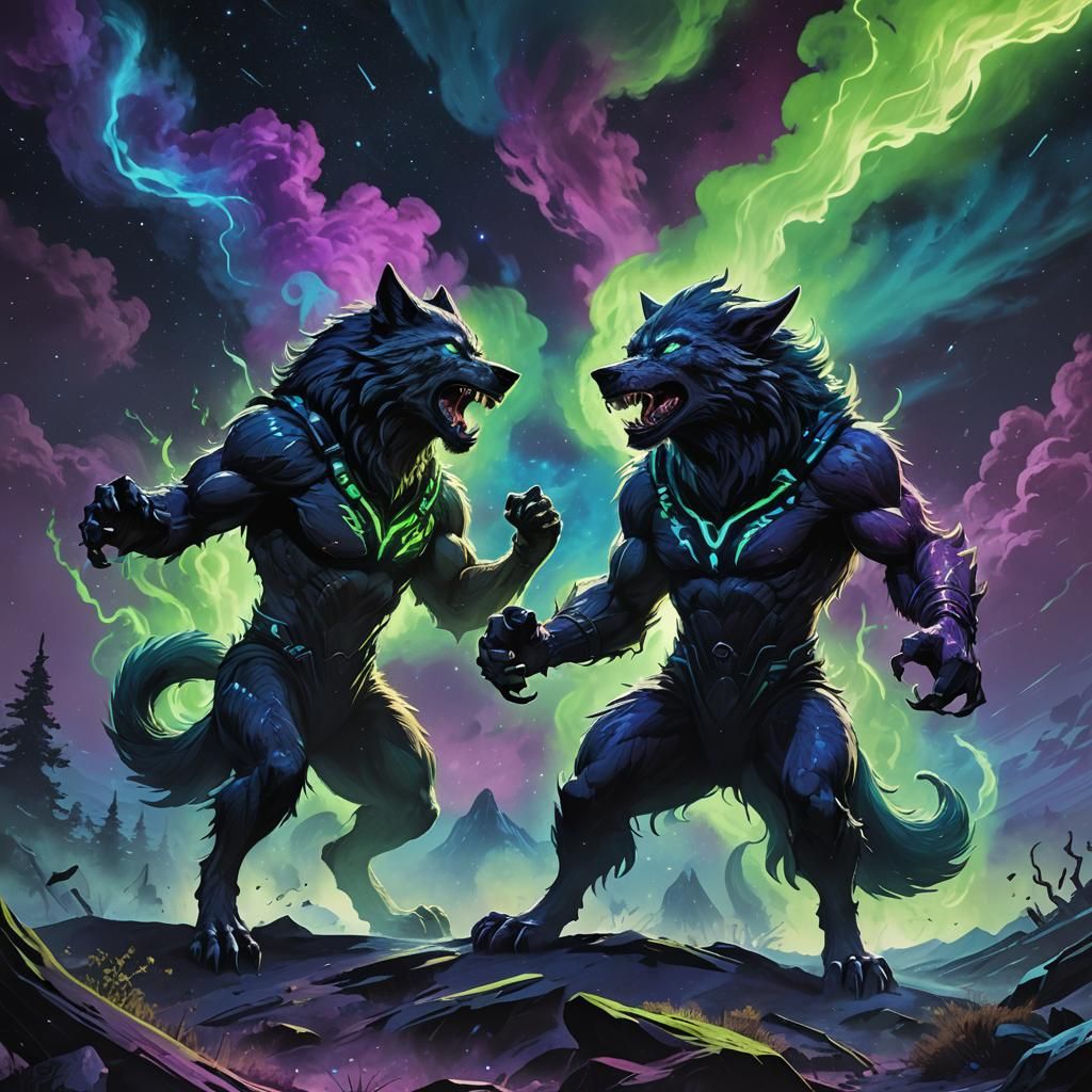 Cosmic Werewolves Battle in a Starry Landscape
