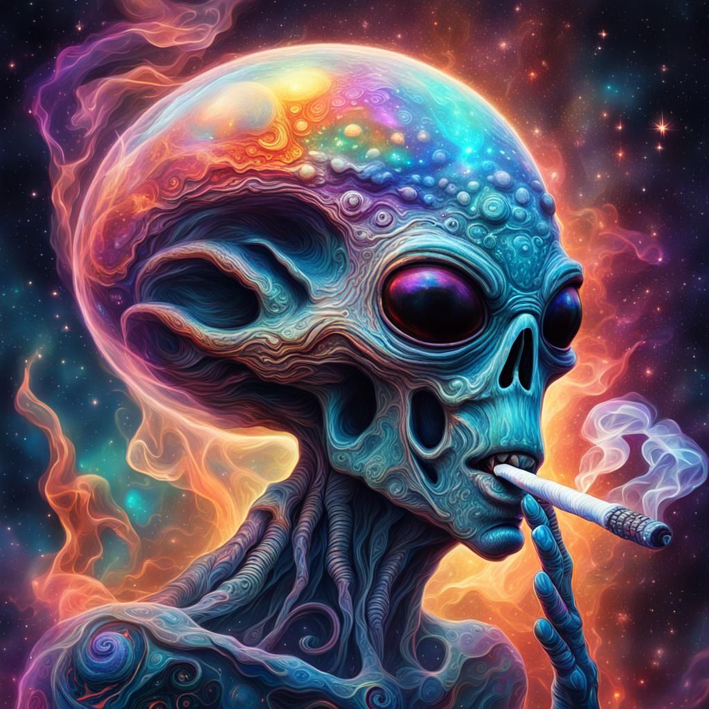 Smoking Alien in Holographic Cosmic Art Style