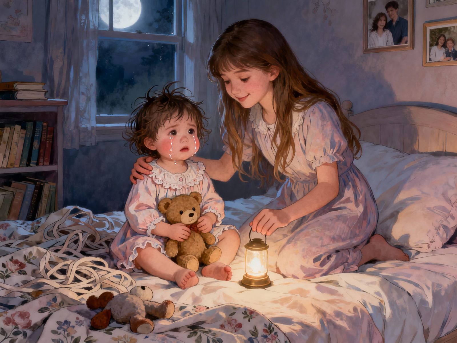 Toddler Girl Comforted by Sister After Bad Dream