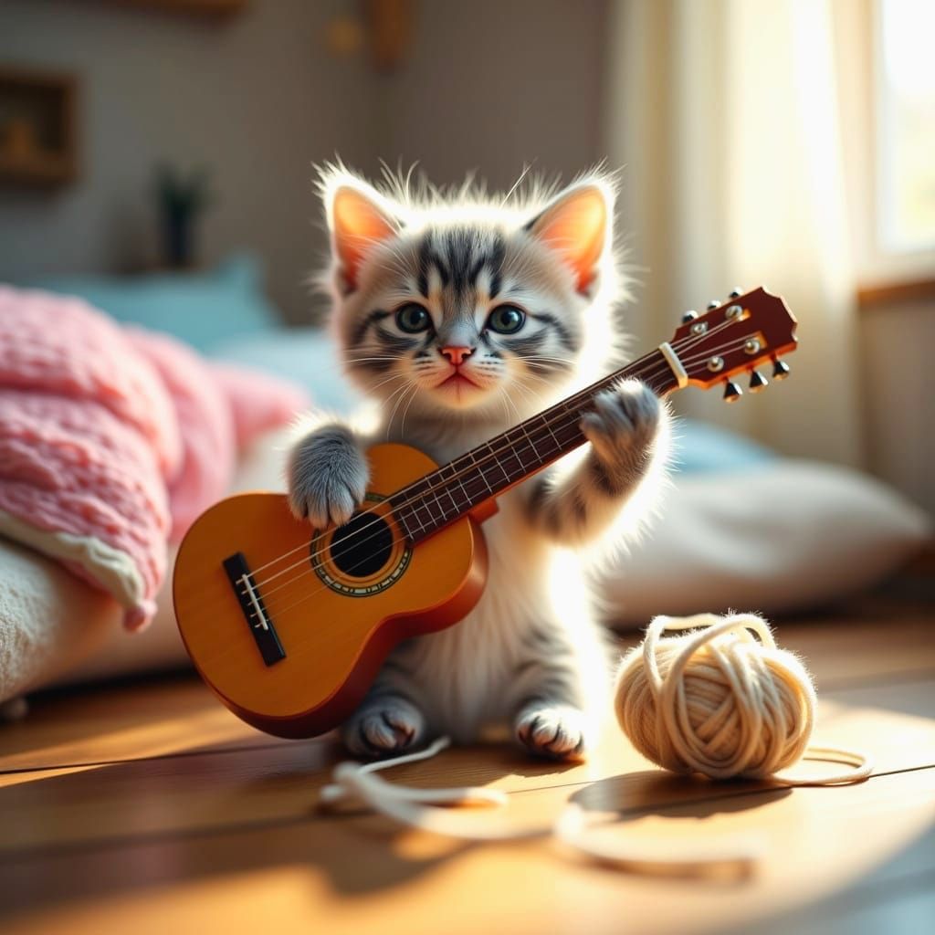 Whimsical Hyperrealistic Kitten Plays Acoustic Guitar in Coz...