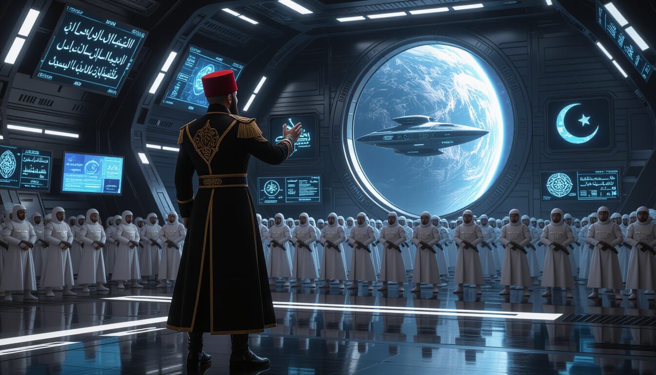 Muslim Space Marines in Futuristic Hangar, Anime Style