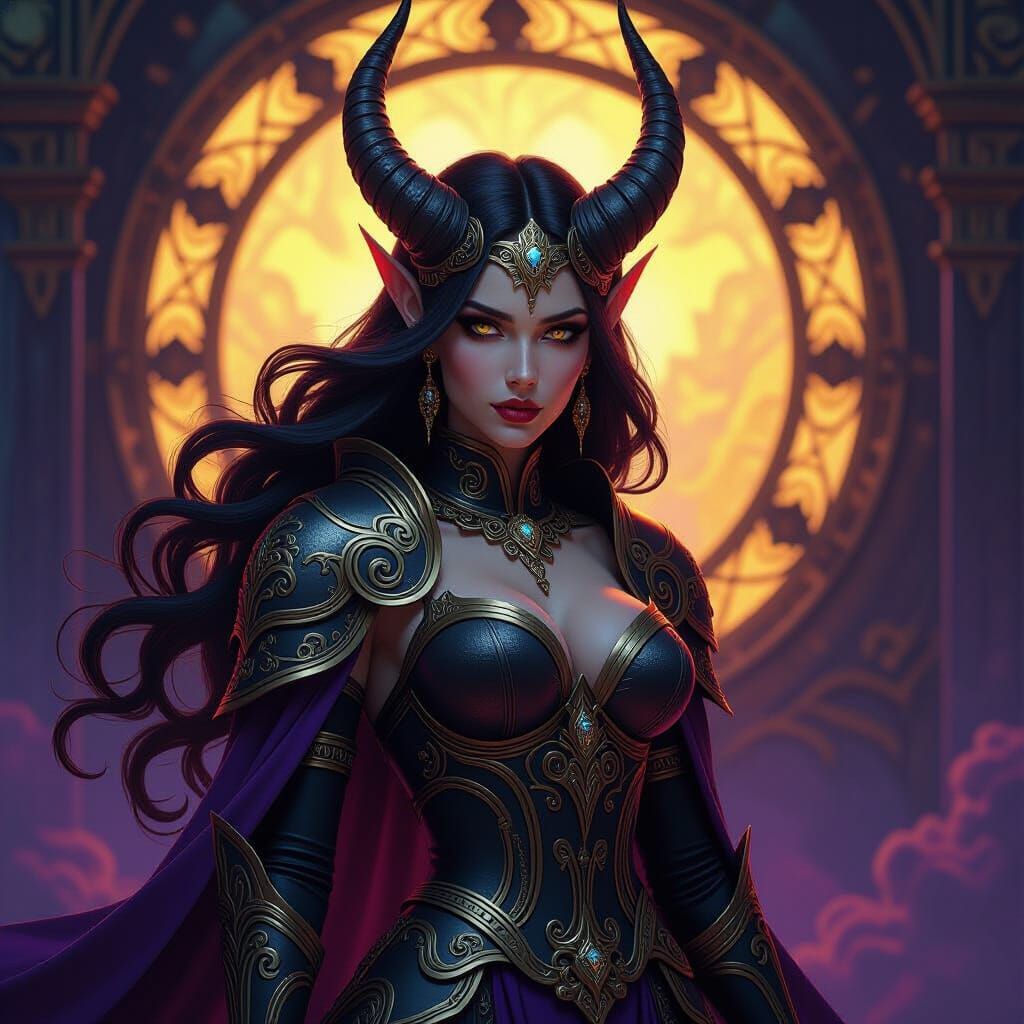 Regal Demoness in Ornate Armor, Art Nouveau Style