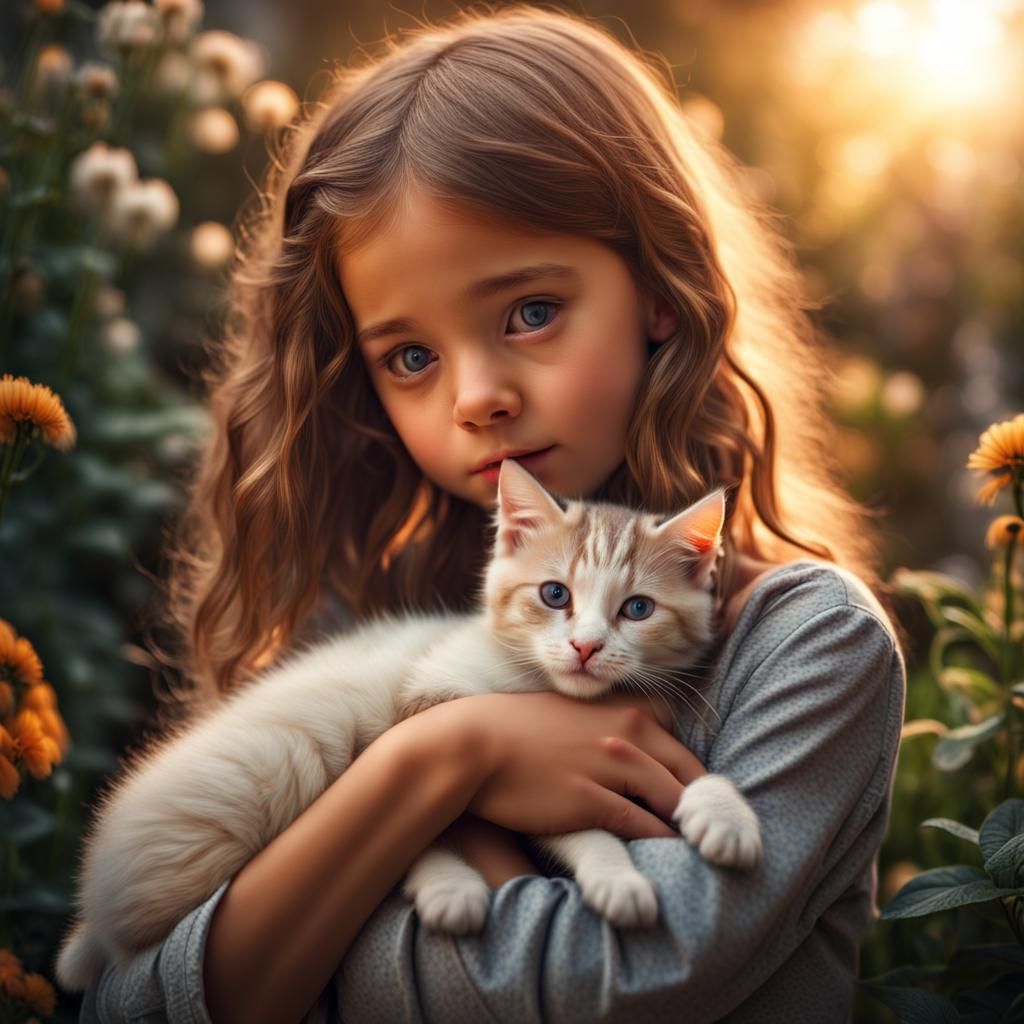Girl and Kitten Embrace at Sunrise