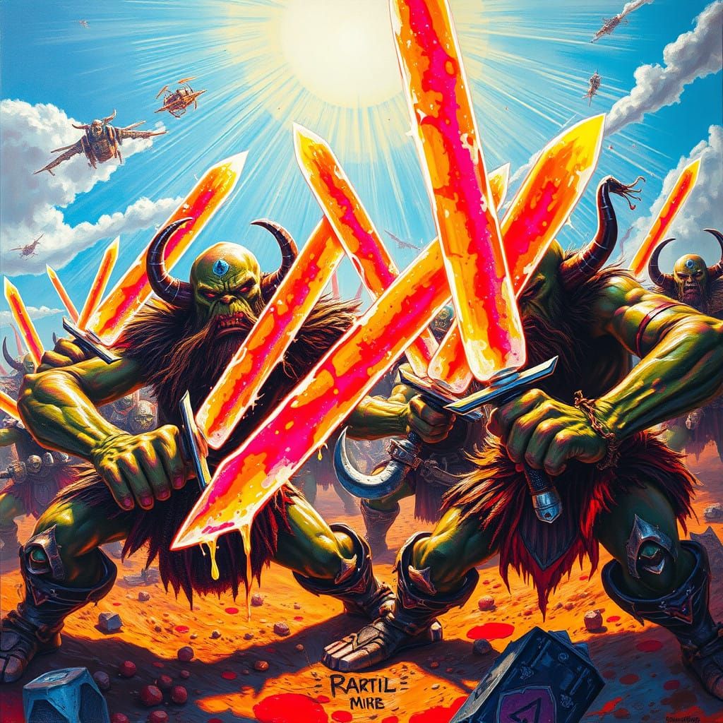 Vibrant Acrylic Painting of Orcs in Epic Battle with Melting...