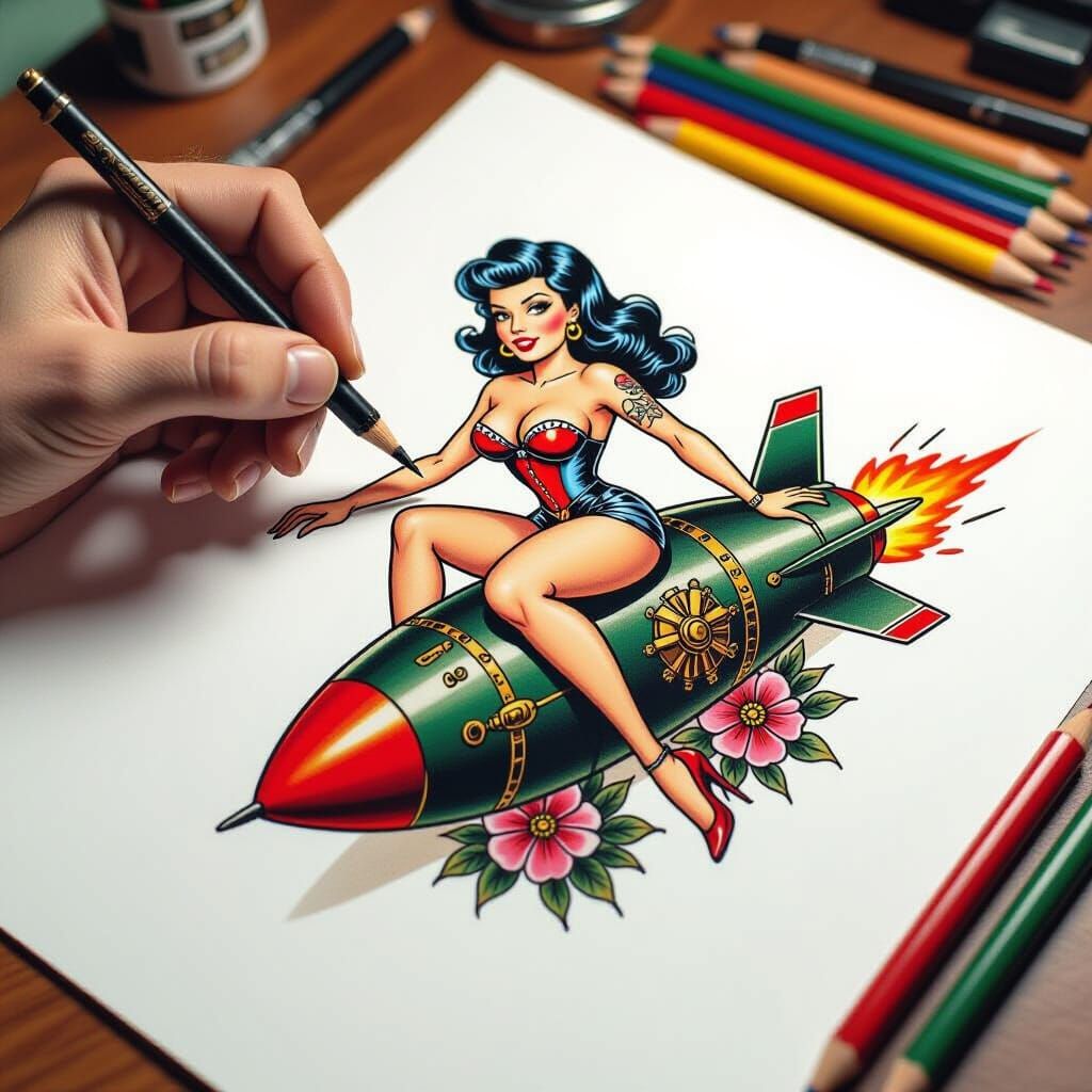 Hand Drawing 1950s Pinup Girl Tattoo Design