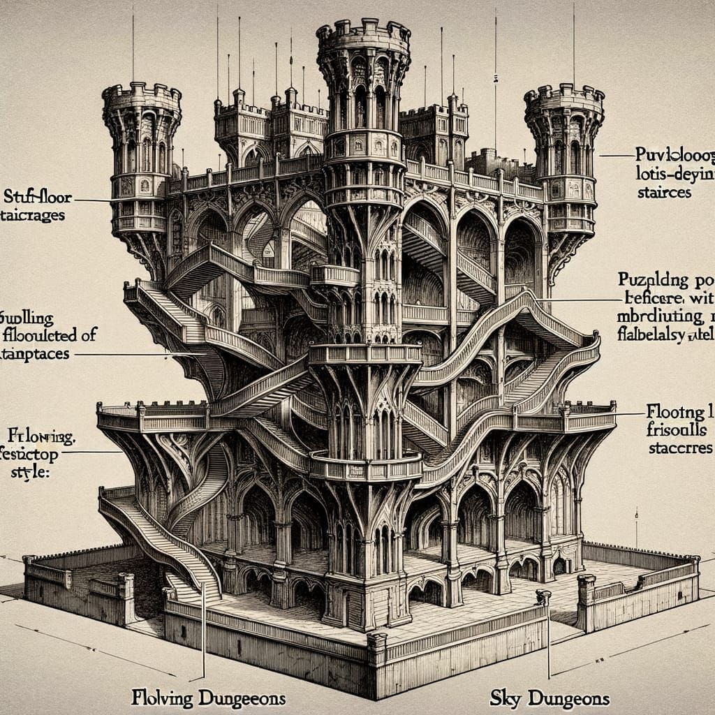 Mystical Castle with Looping Staircases and Sky Dungeons