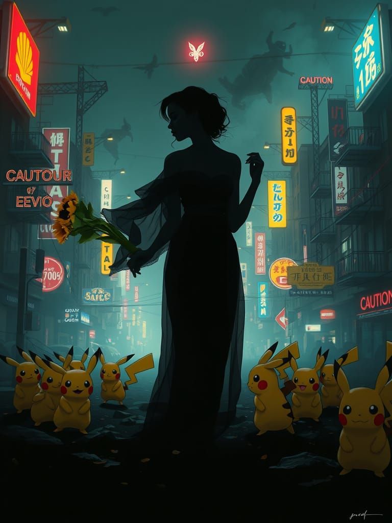 Elegant Woman Surrounded by Pikachu in a Dystopian Cityscape