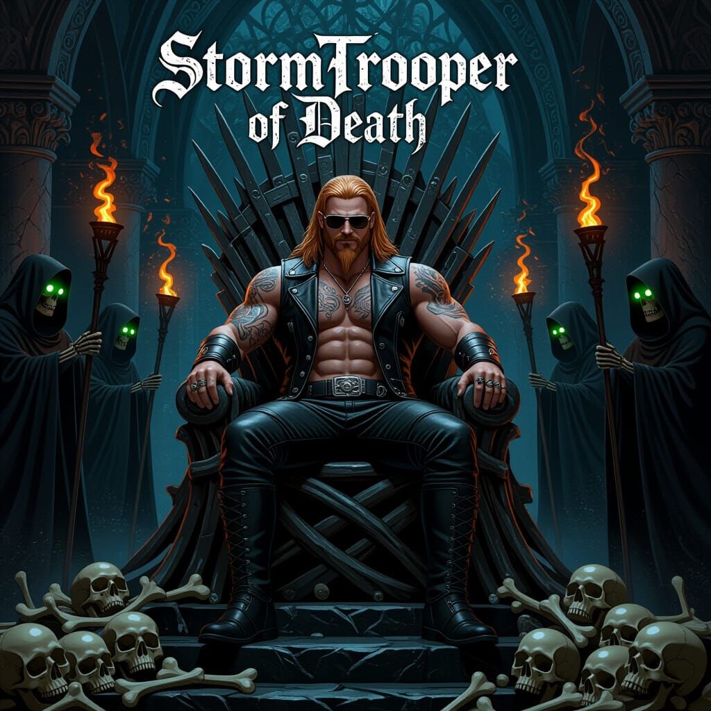 Wrestler on Bone Throne in Dark Fantasy Style