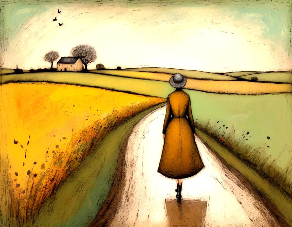 Whimsical Wanderer in Countryside Bloom