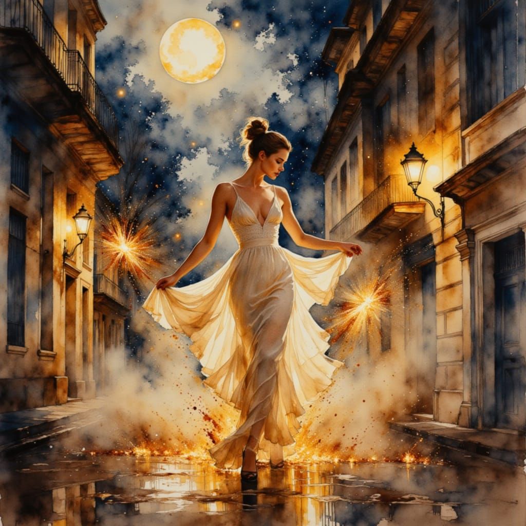 Midnight Havana Dance in Watercolor with Coffee Art