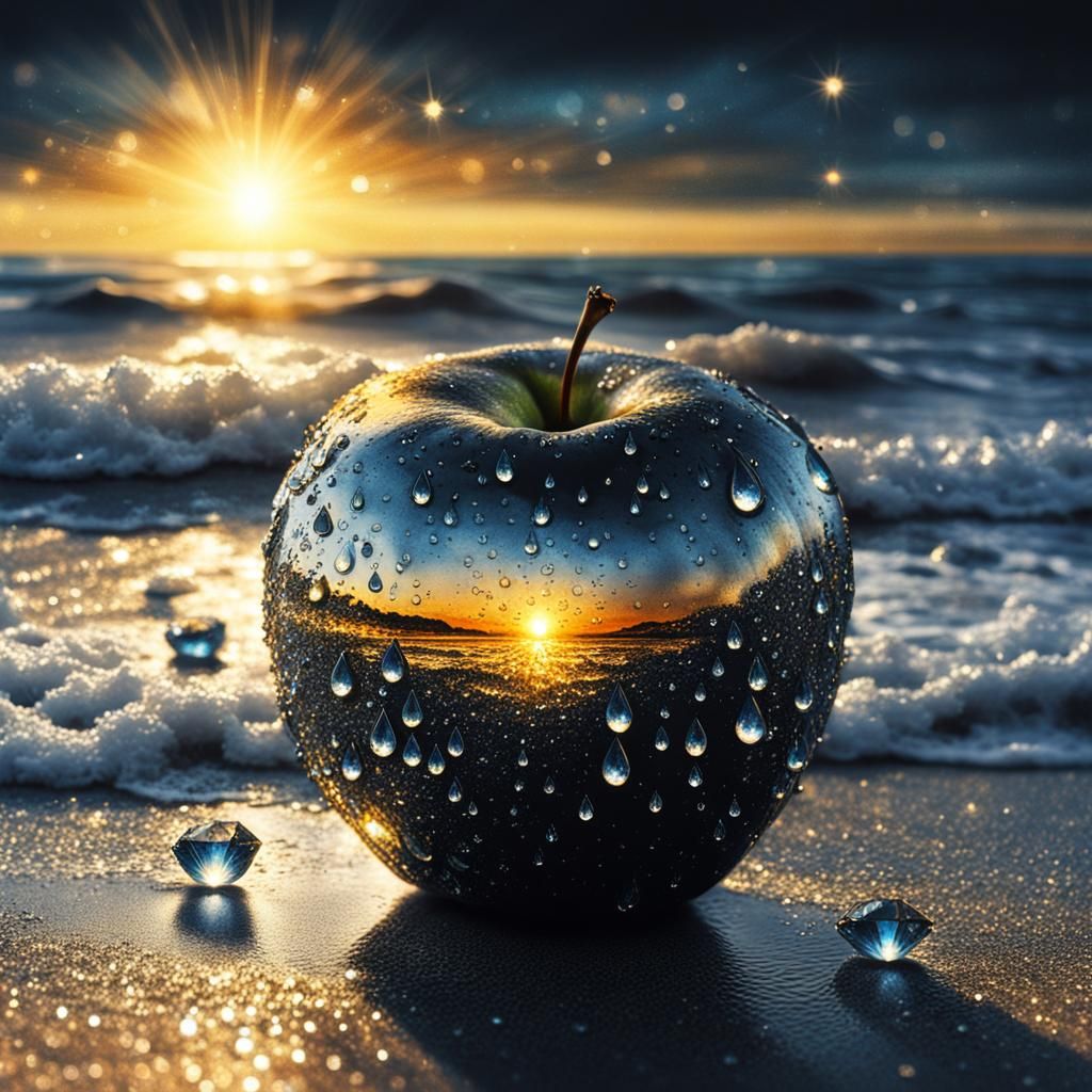 Golden Apple Sparkles on a Sea Beach at Sunrise