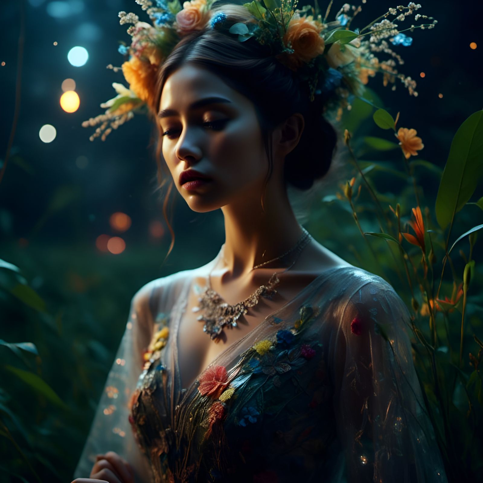 Neon Flora Portrait in Mixed Media Style