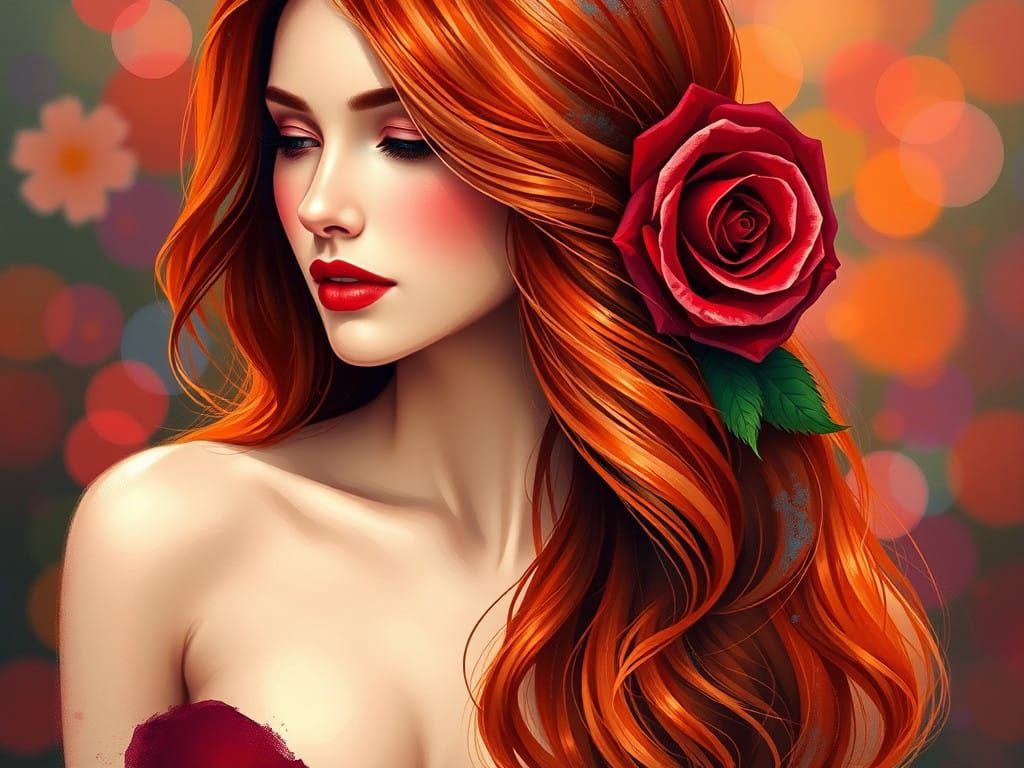 Sensual Woman in Vibrant Impressionist Style with Red Rose
