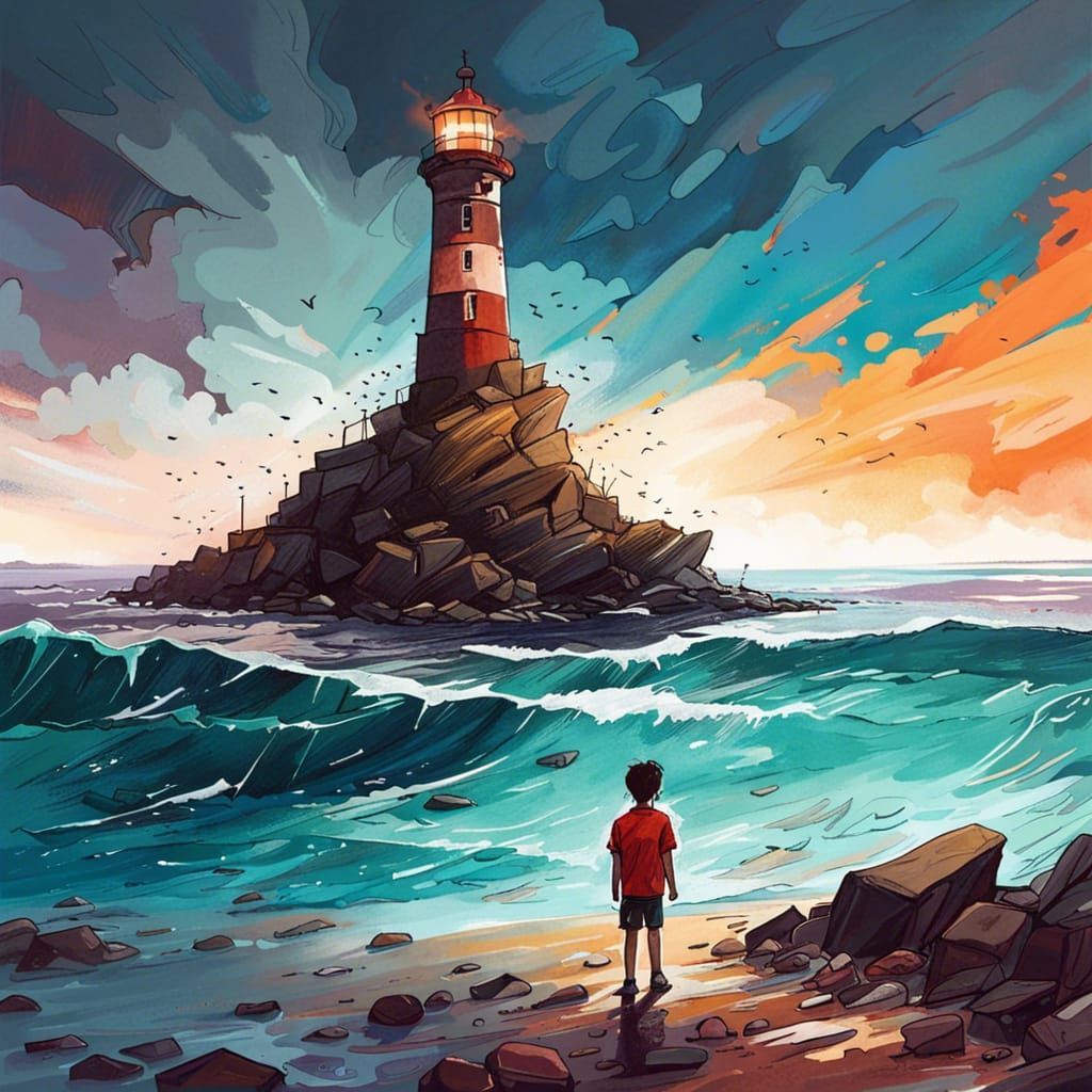 Lighthouse and Boy on Rocky Beach in Gouache Style