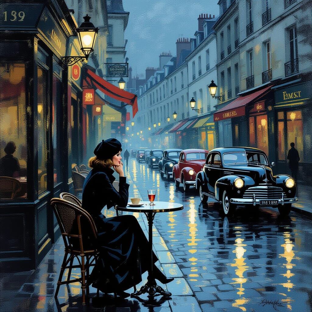 1960s Parisian Street Scene with Elegant Tourist at Bistro