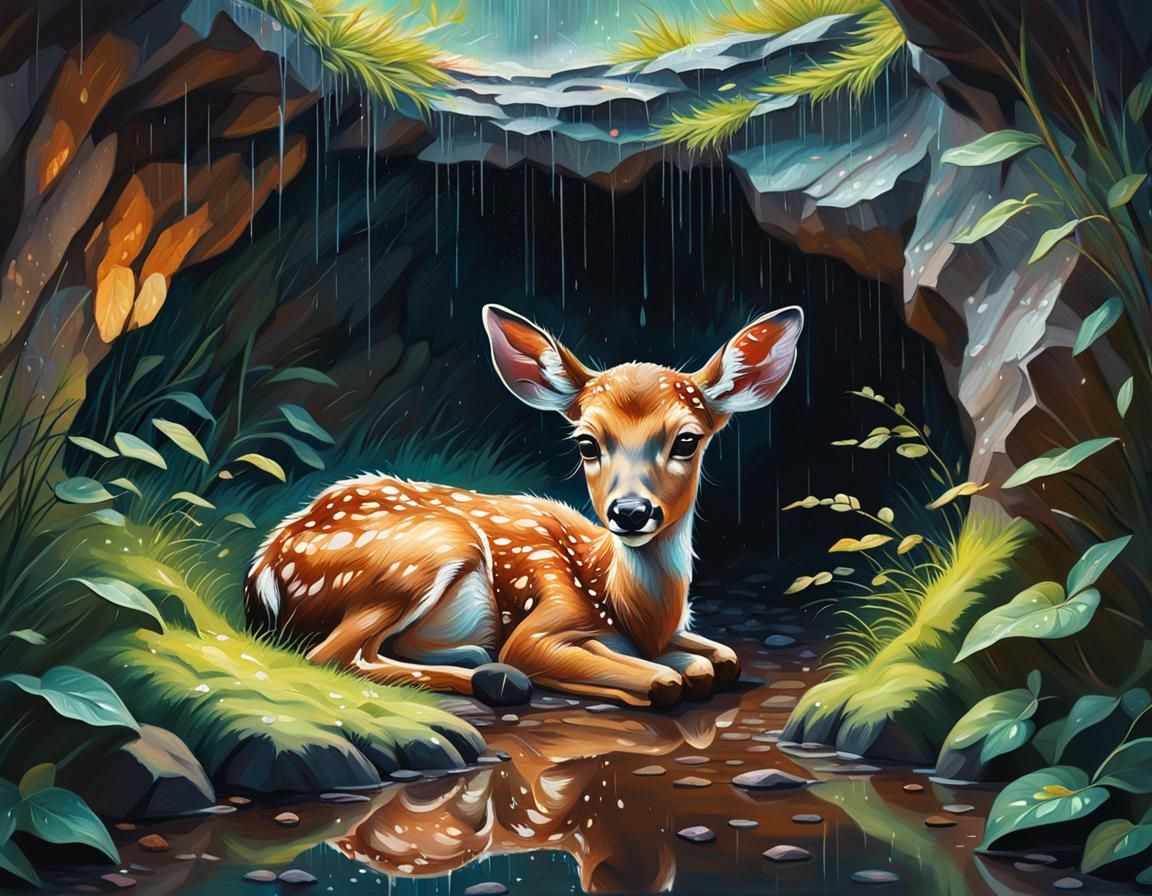 illustration of a cute baby deer, sleeping in a small cave, ...