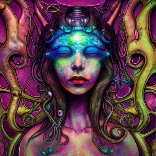 Biopunk Girl in Cosmic Surrealism, Comic Book Style