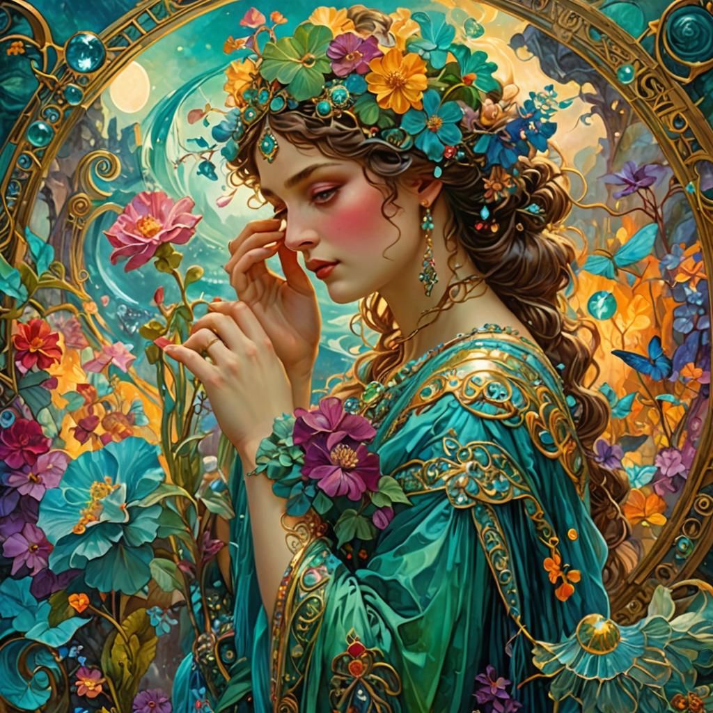 Art Nouveau Fantasy in Aqua, Green, and Magenta