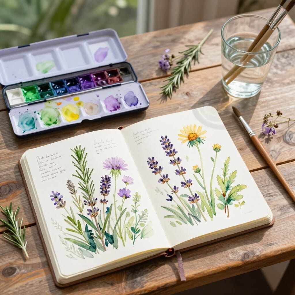 Nature Workspace with Watercolor Art and Soft Light