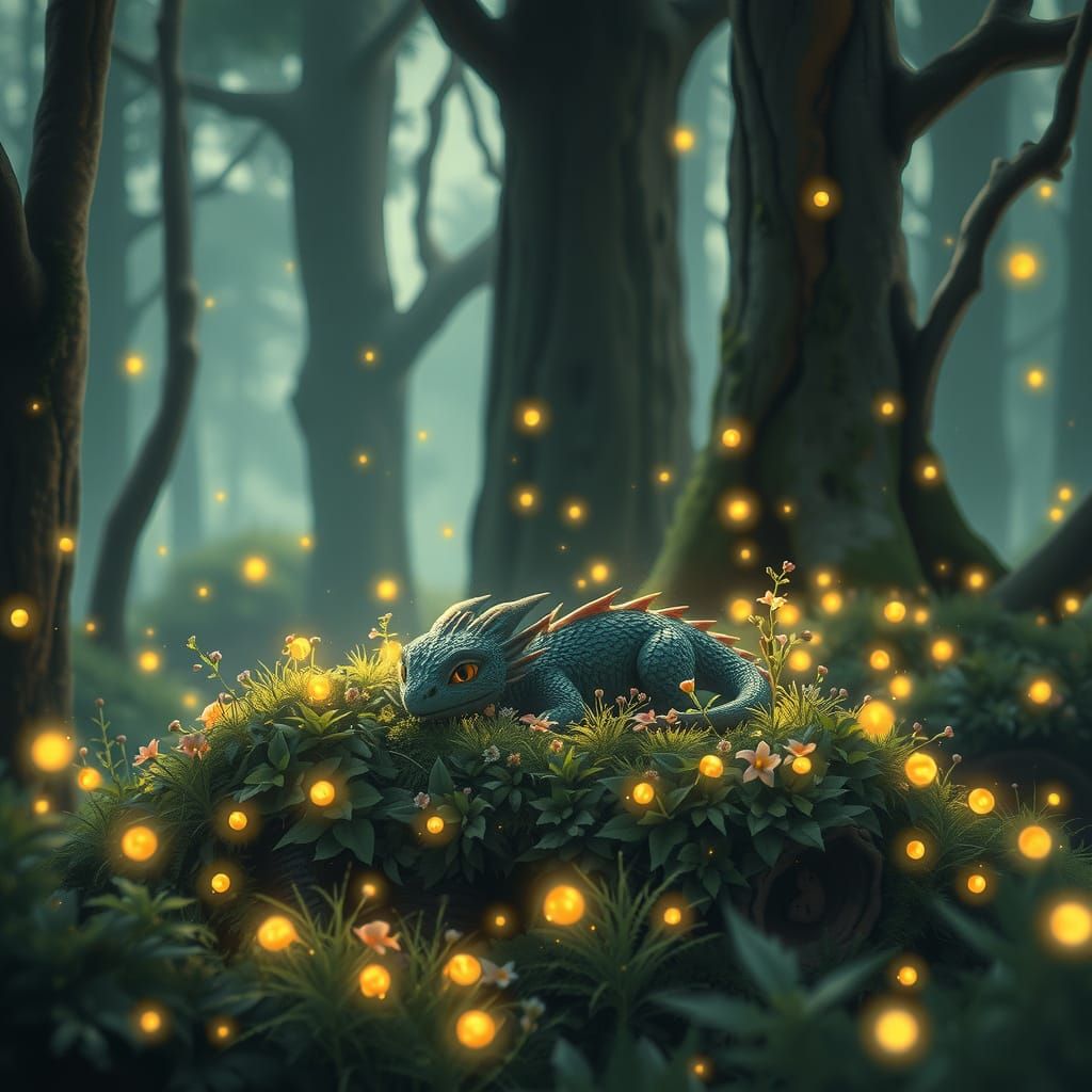 Whimsical Baby Dragon in Enchanted Forest at Twilight