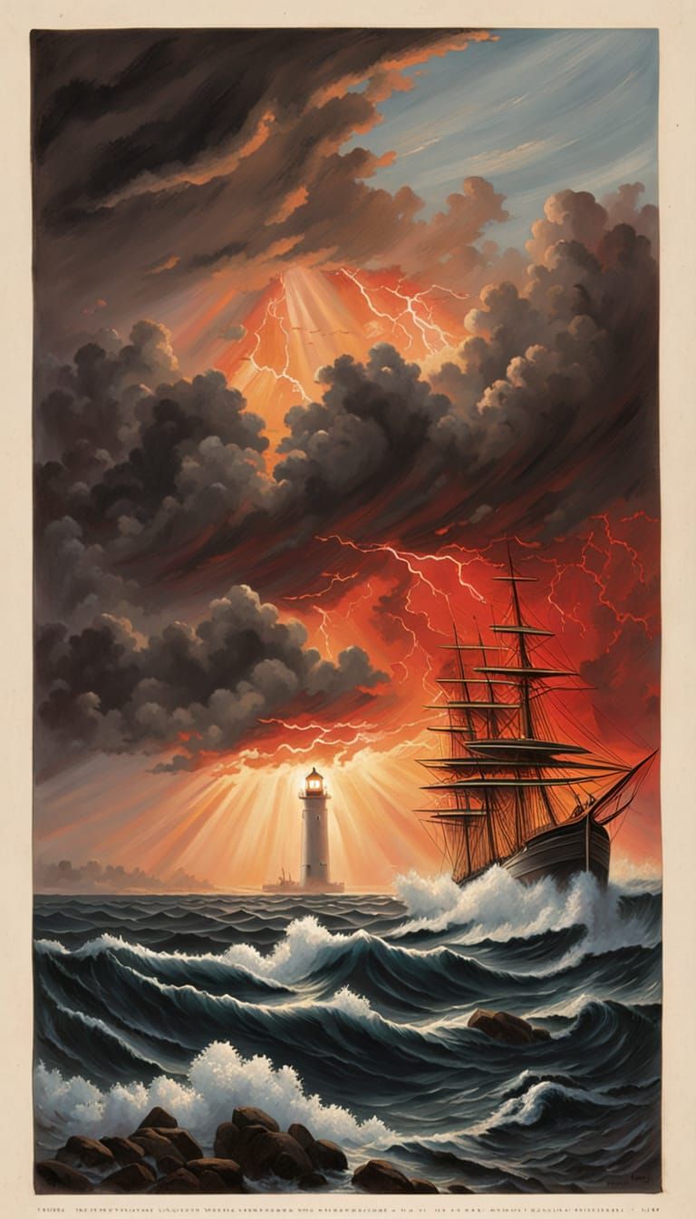 Dramatic Stormy Seascape with Lighthouse in Painterly Style