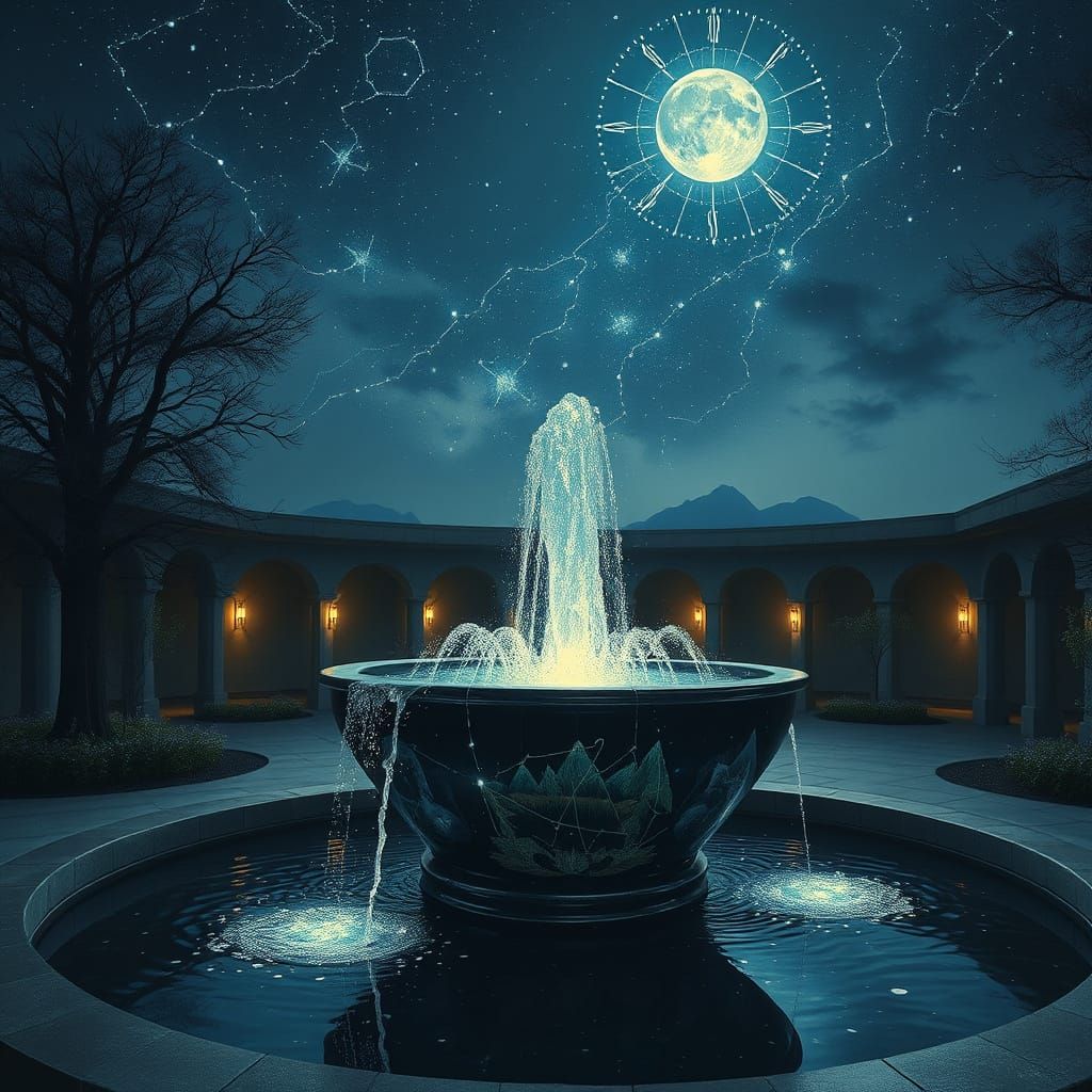 Surreal Starlight Fountain in Moonlit Courtyard