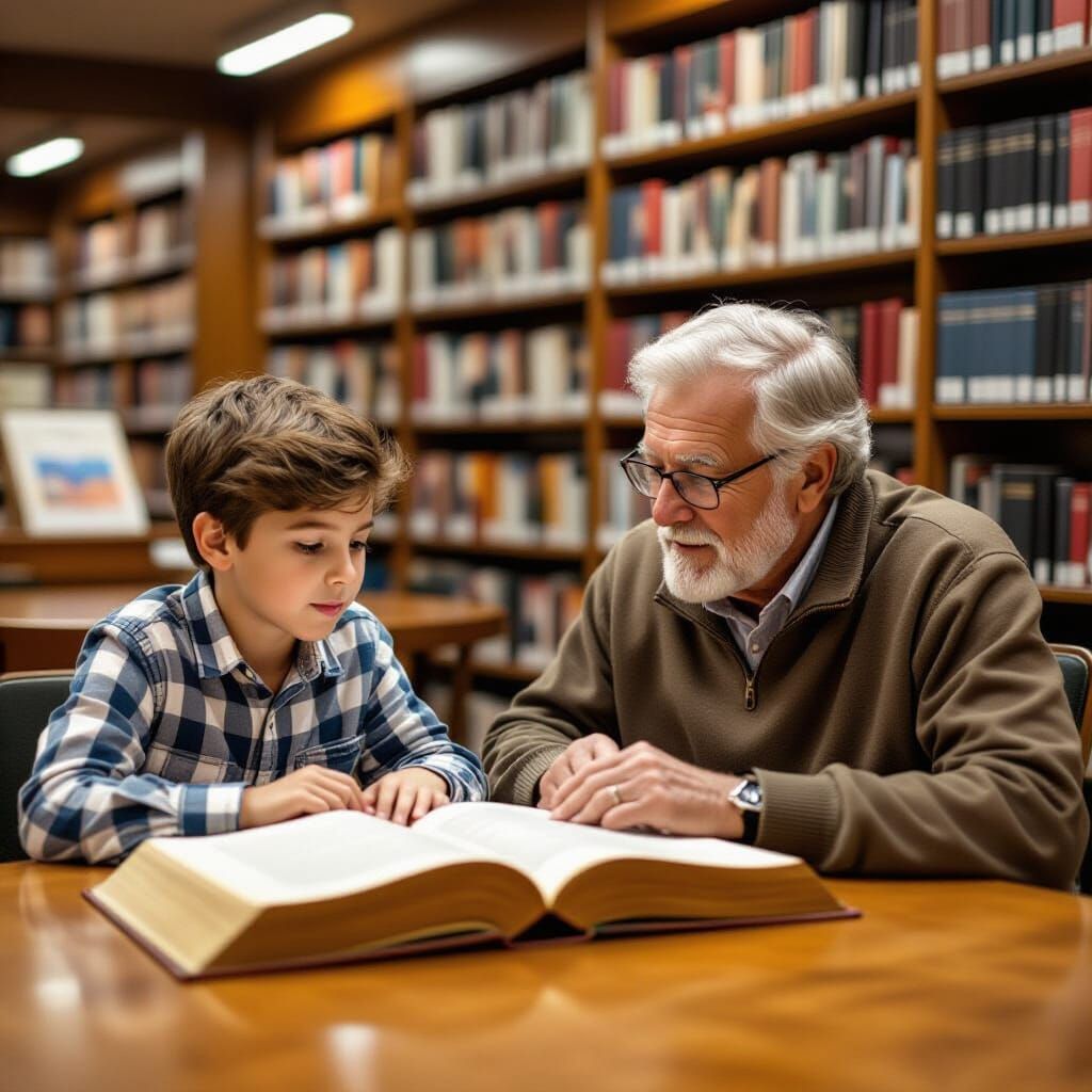 Boy and Man Studying Book in Library