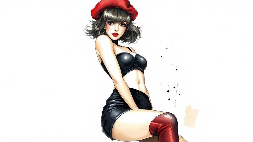 Exotic Showgirl in 1970s French Watercolor Style