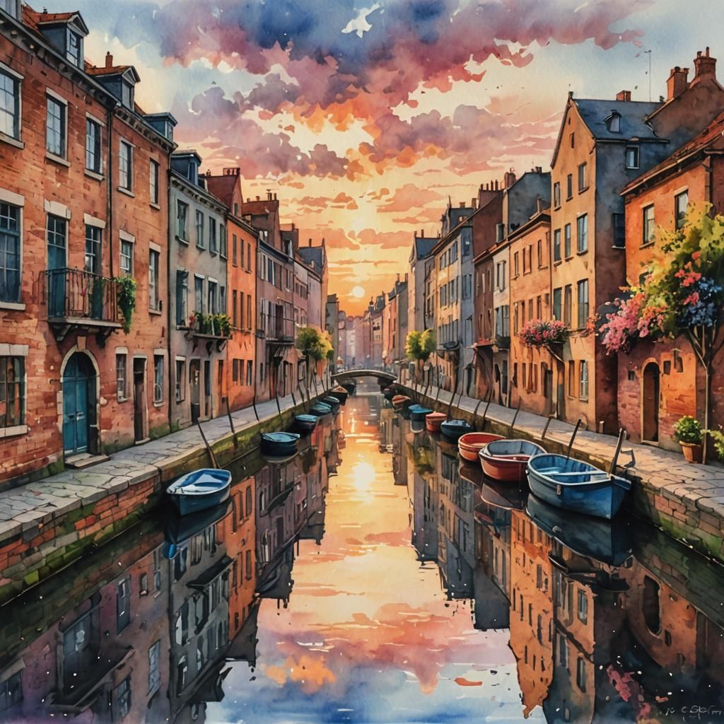 Watercolor Canal Scene with Boats and Sunset