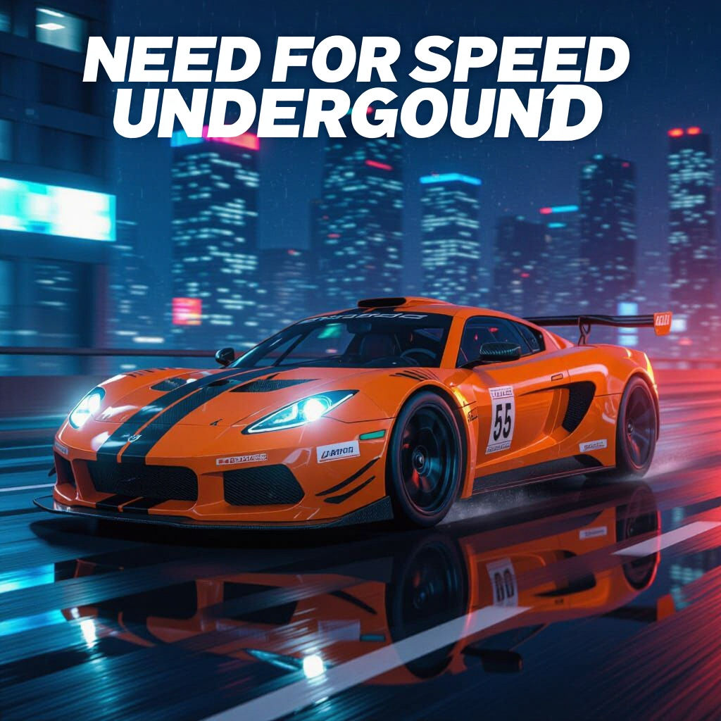 Sleek Orange Sports Car Speeds Through Neon Cityscape