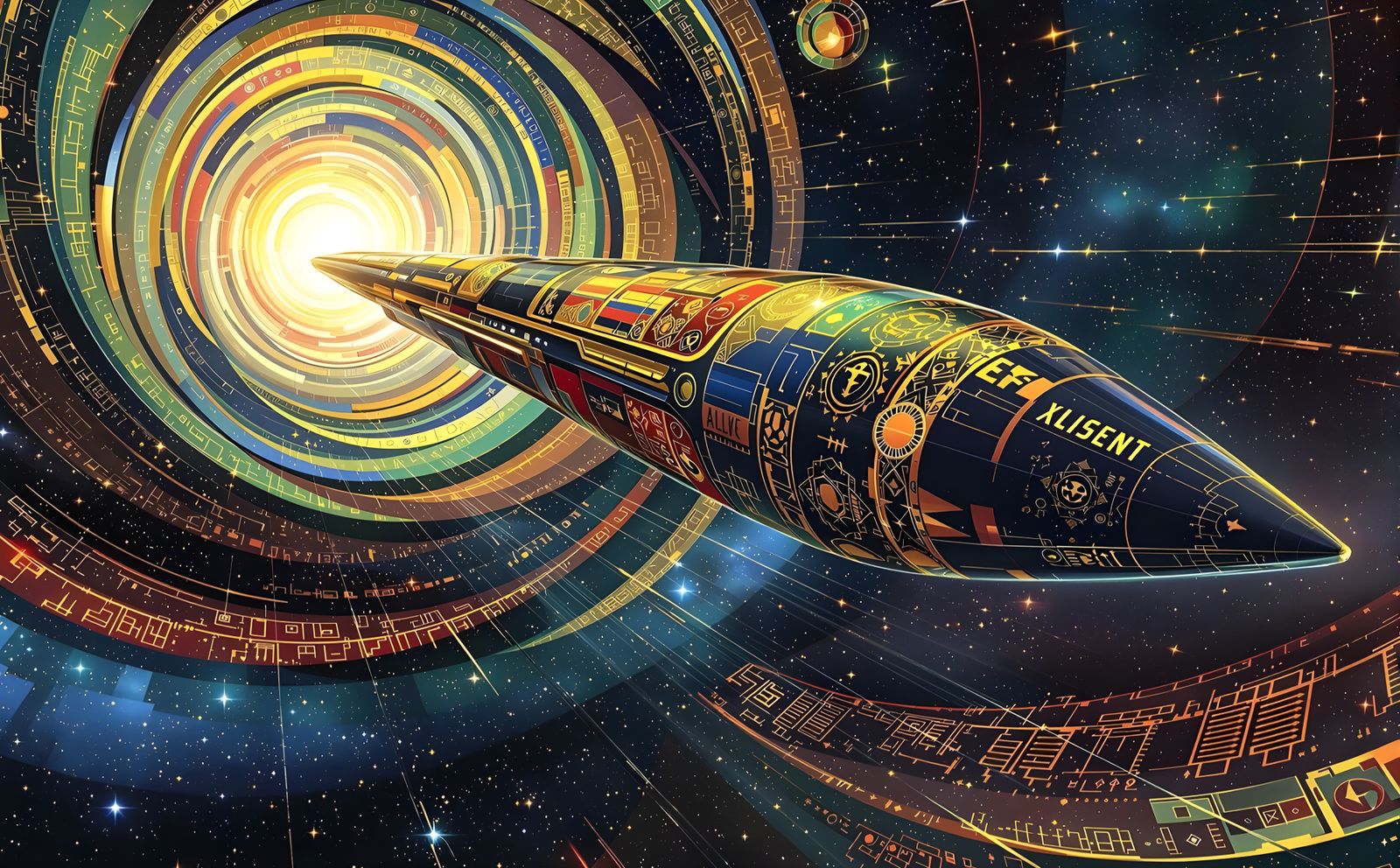 Klimt-Inspired Cosmic Starship in Vibrant, High-Resolution D...