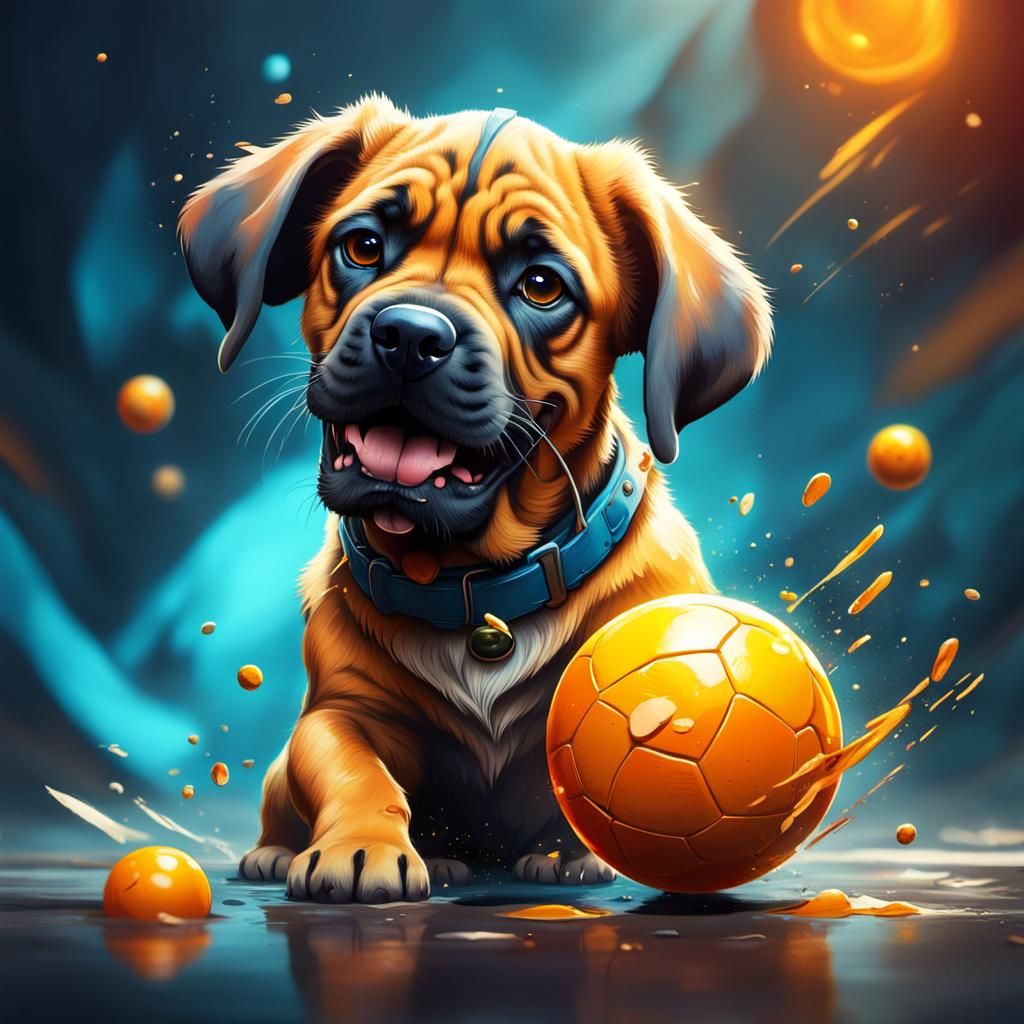 Cute Mastiff Playing Ball in Splash Art Style