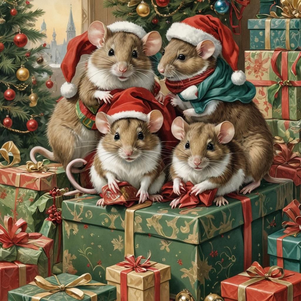 Festive Mice Huddle in Art Nouveau Christmas Scene