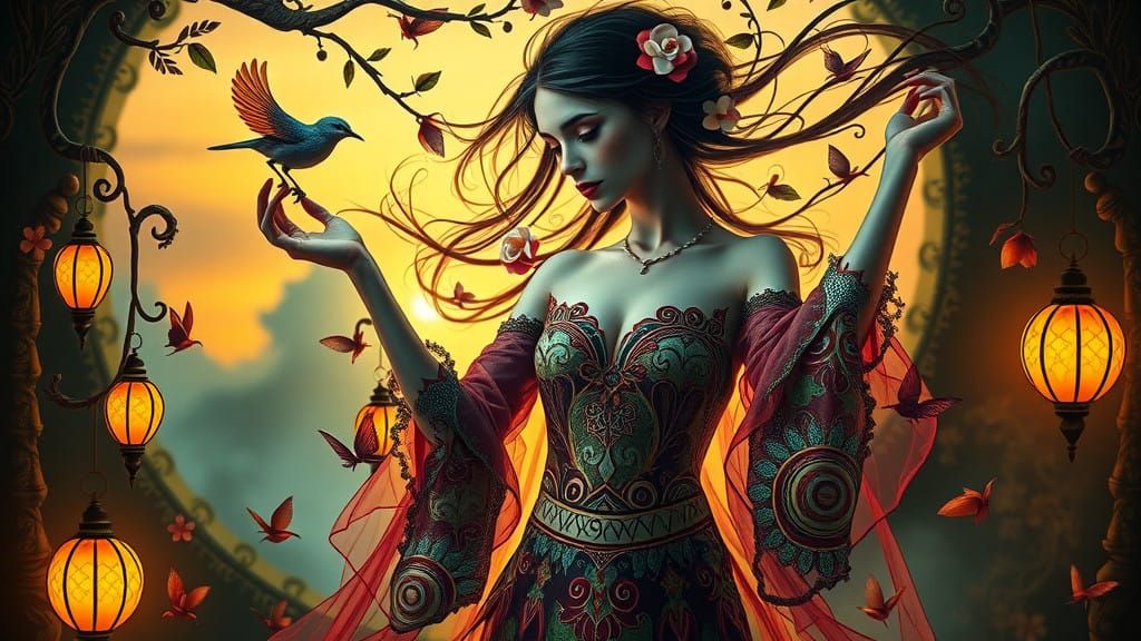 Surreal Goddess Dances among Whispers of Myth and Dreams