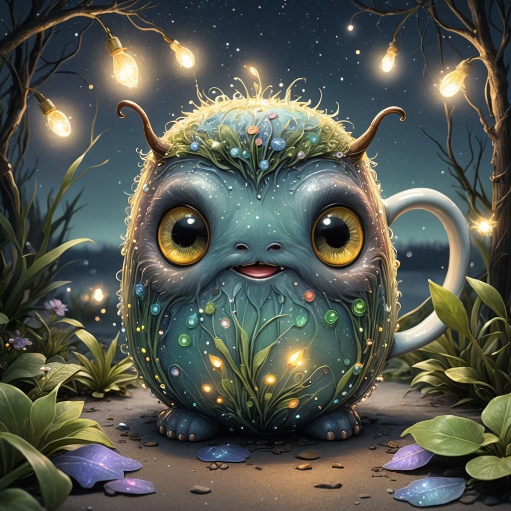 Whimsical Monster with Dreamy Eyes in Starry Night