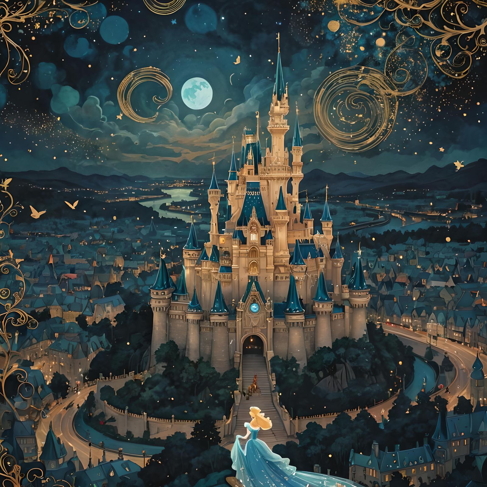Shining Cinderella Castle in Maximalist Fairytale Cityscape