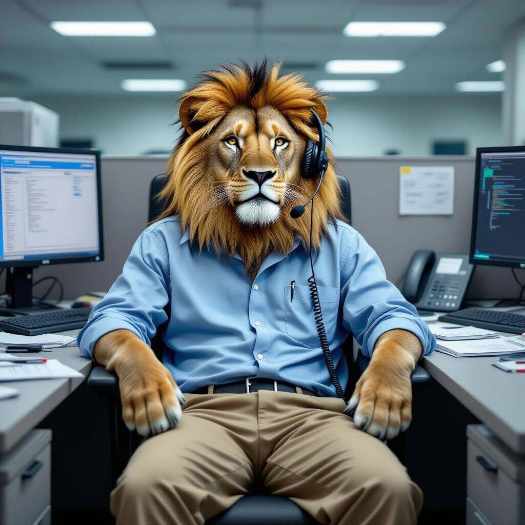 Photorealistic Lion Working at Call Center