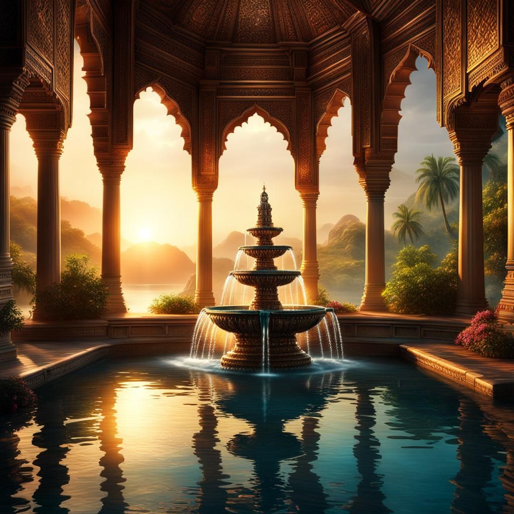 Lustrous Water Fountain in Fantasy Indian Landscape