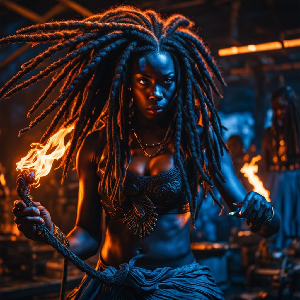 Black Girl Slaying Fiery Demon in Hyperrealistic Style