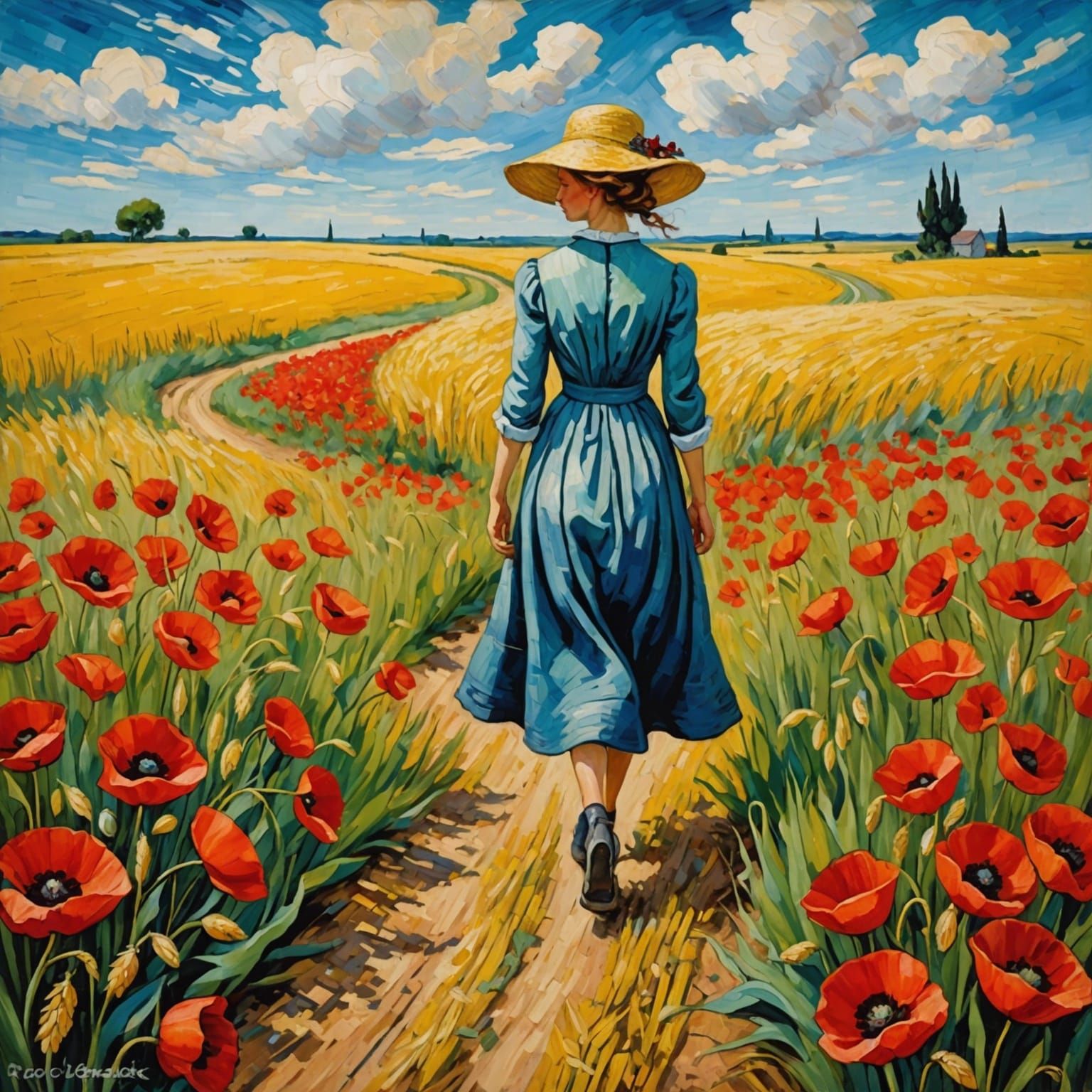 Poppy Field Girl: Impasto Impressionist Painting